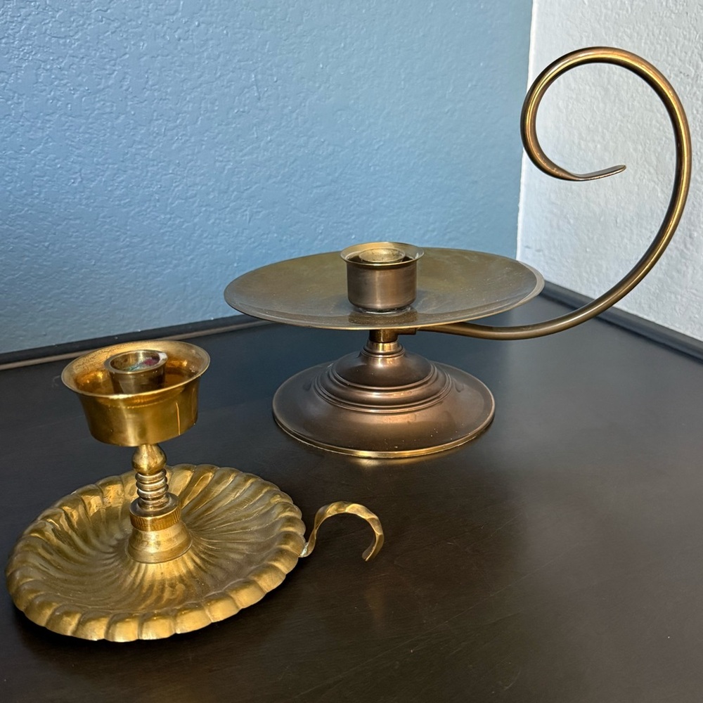 Lot‎ 2 Vintage Brass Chamber Style Finger Loop Taper Candlestick Holders Baldwin